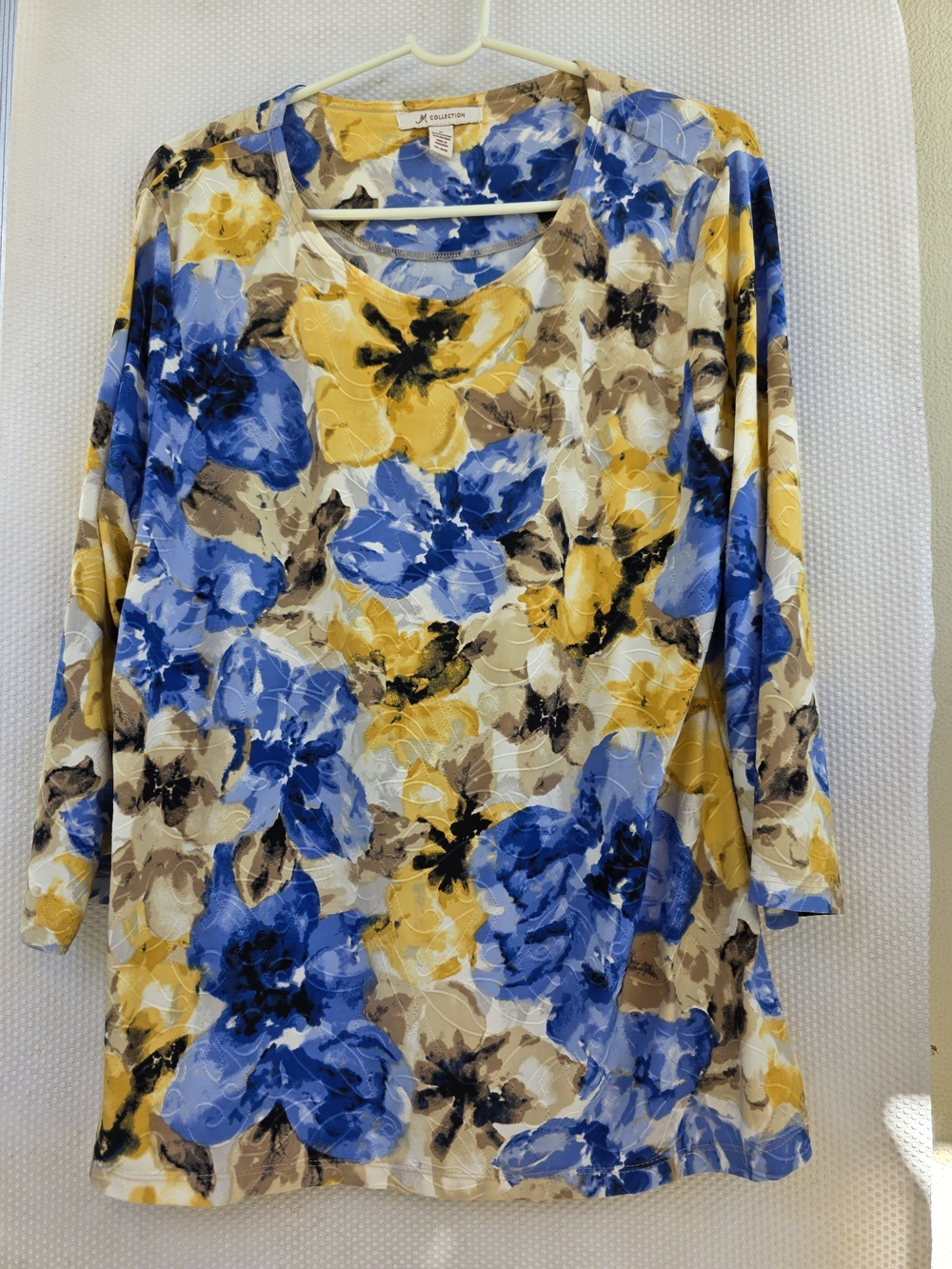 JM Collection Blue, Yellow & Tan Floral Scoop Neck Tunic